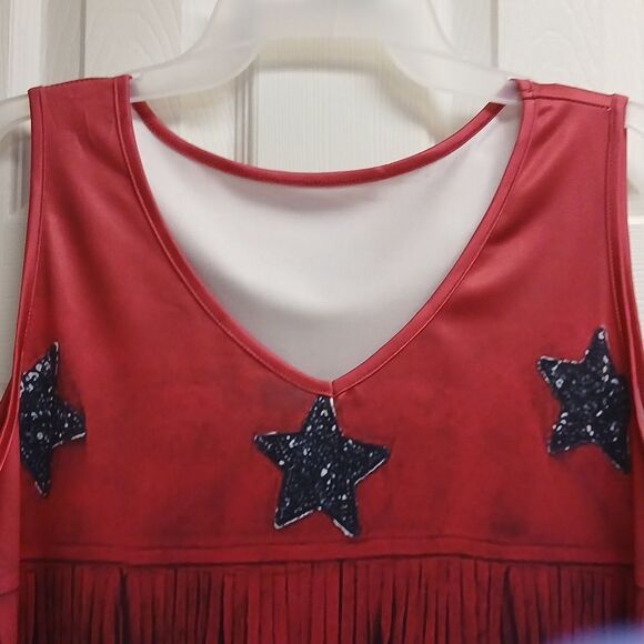 Casual V Neck Sleeveless Top With Star Print And Fringe Detail. XL NWT Brick Red - Picture 3 of 10